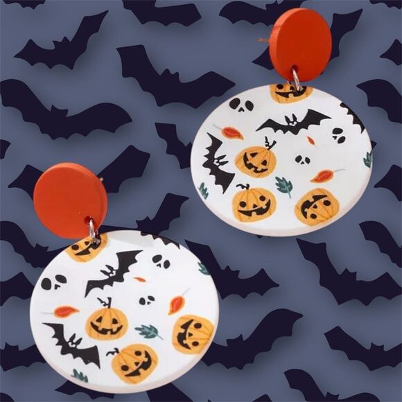 NWT Halloween Bats Pumpkins Ghosts Double Circle Drop Dangle Earrings - Picture 1 of 6